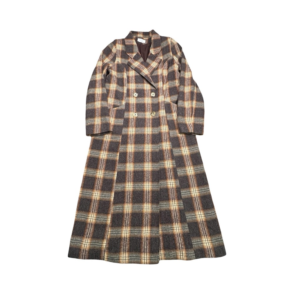 Sage The Label Long Coat Womens S Brown Plaid Double Breasted Academia